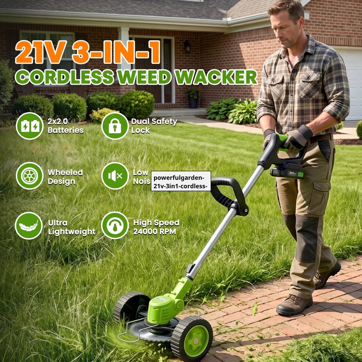 Powerful Garden 21V 3-in-1 cordless weed trimmer with wheeled base, used on garden path