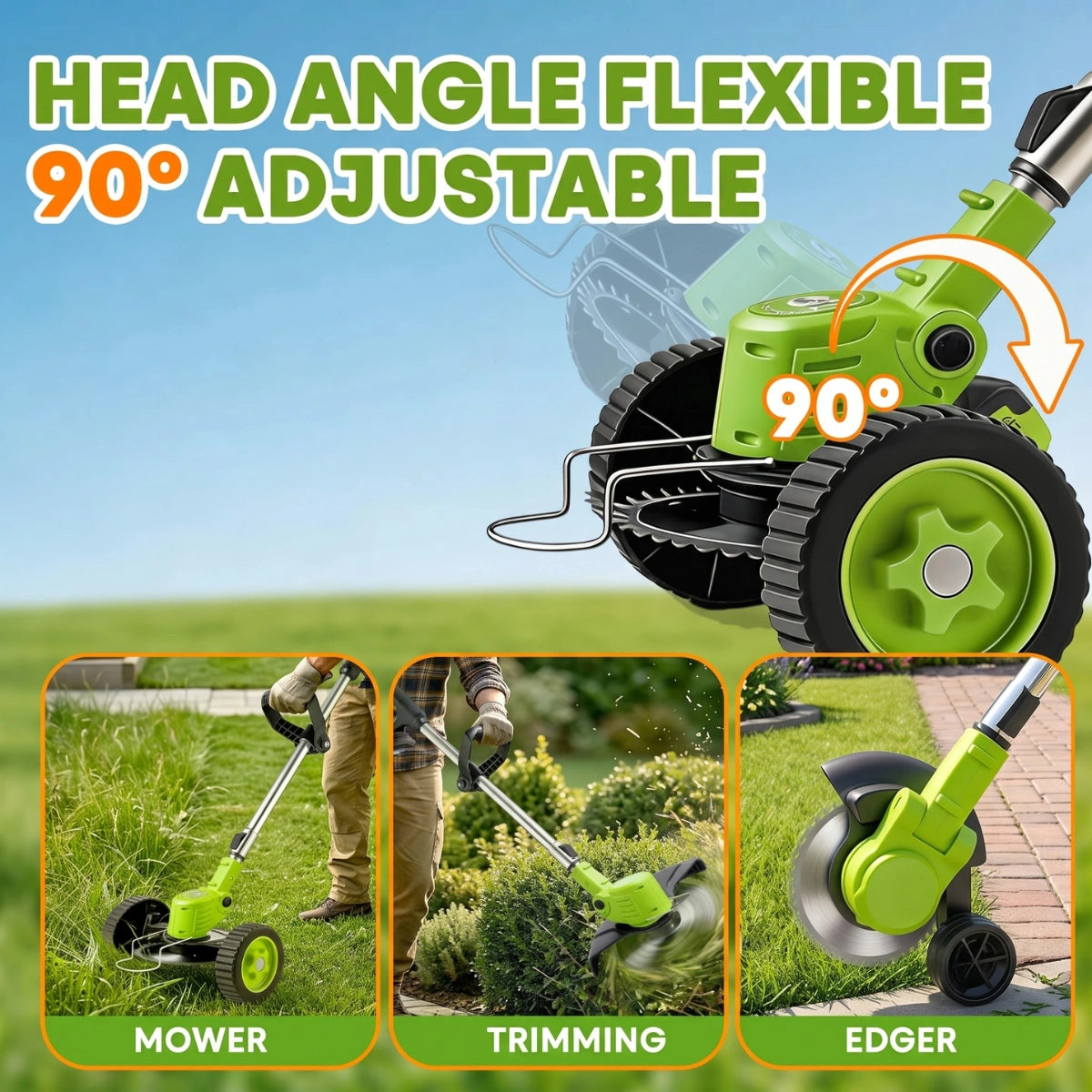 Powerful Garden cordless trimmer with 90-degree adjustable head for mower, trimming and edger modes