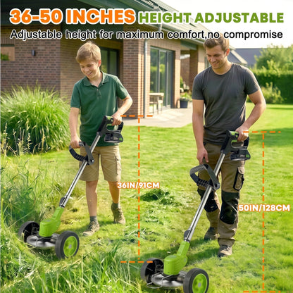 Powerful Garden cordless grass trimmer height-adjustable from 36 to 50 inches, shown with two users