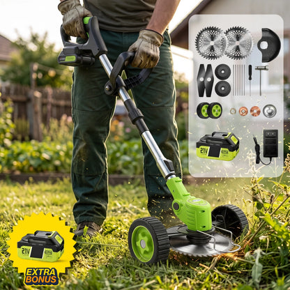 Powerful Garden cordless grass trimmer in use outdoors with accessory kit and battery charger