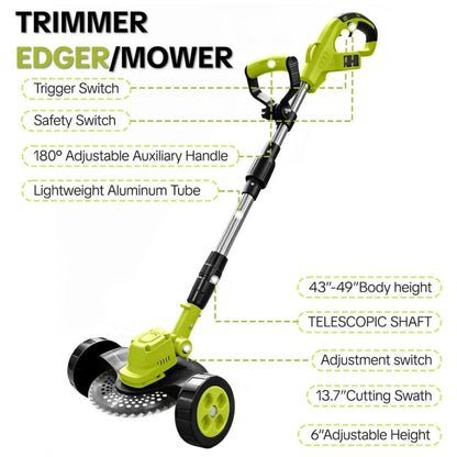 Powerful Garden cordless trimmer diagram showing trigger switch, telescopic shaft and adjustable handle