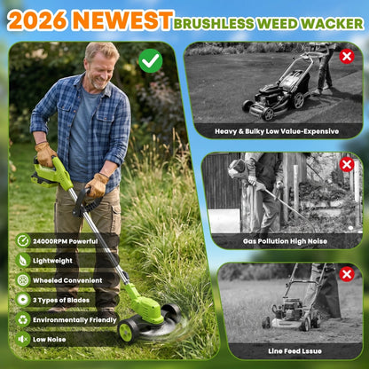 Powerful Garden cordless weed trimmer compared to bulky gas-powered alternative